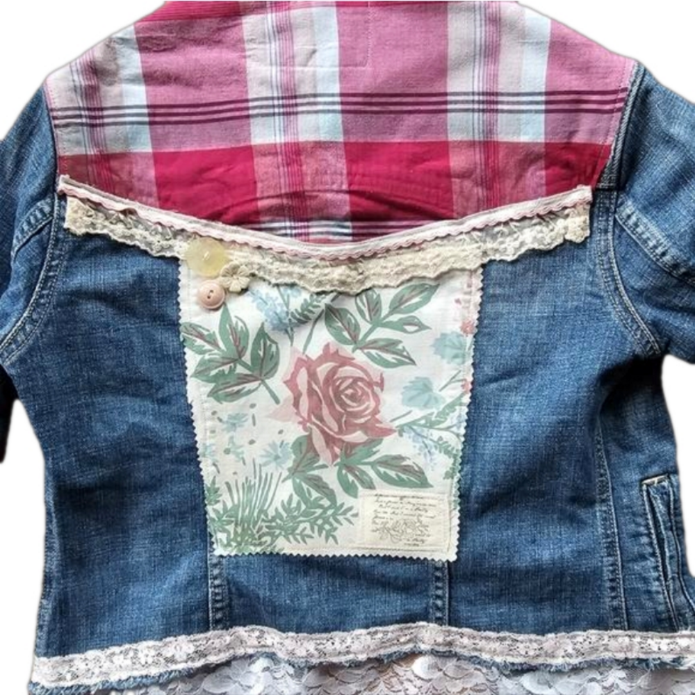 Boho Patchwork Embellished Upcycled Denim Jean jacket Artisan NWT Bohemian - Picture 9 of 9
